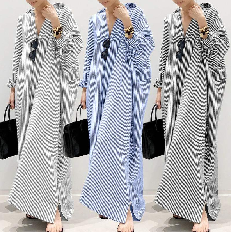 Women's Plus Size Striped Print Long Dress with Cardigan