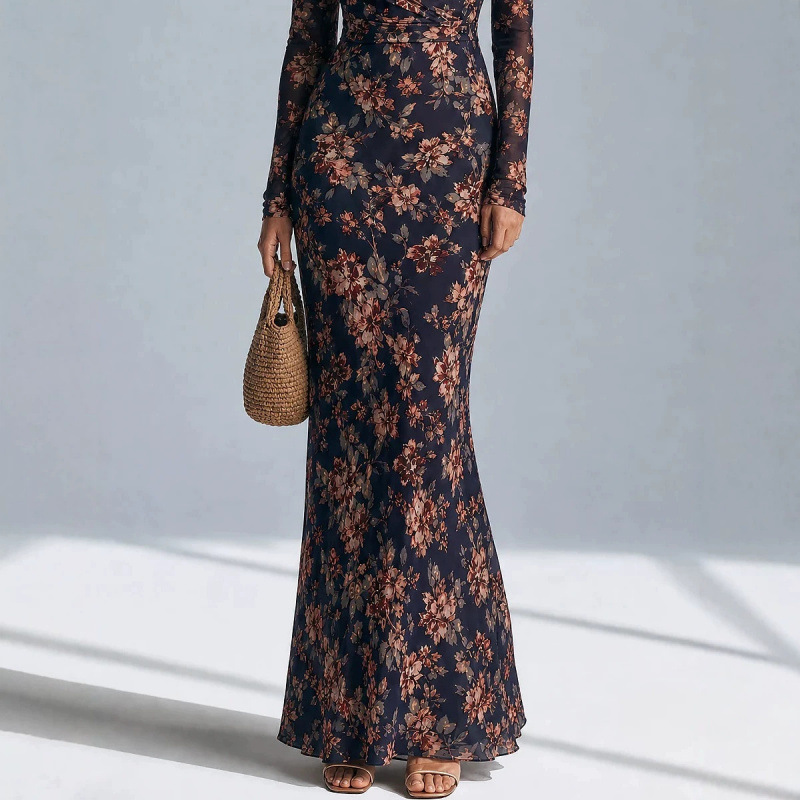 Vintage Floral Print Slim-Fit Long-Sleeve Bodycon Dress