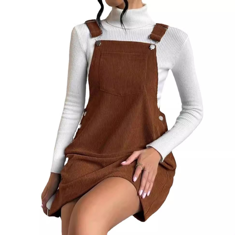 Corduroy Sleeveless A-Line Pinafore Dress Square Neck Solid Color