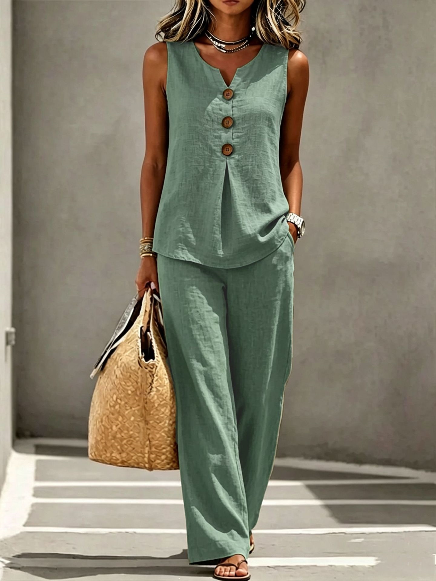 Women's V-Neck Button Sleeveless Tank Top and Pants Two-Piece Set