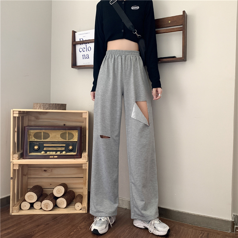 Distressed High-Waist Wide-Leg Pants for Women, Gray Straight-Leg Casual Trousers