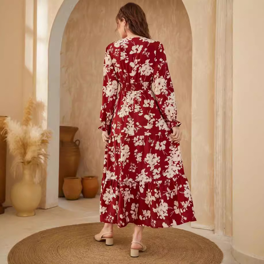 Women's Floral Tiered Maxi Dress Long Sleeve V-Neck