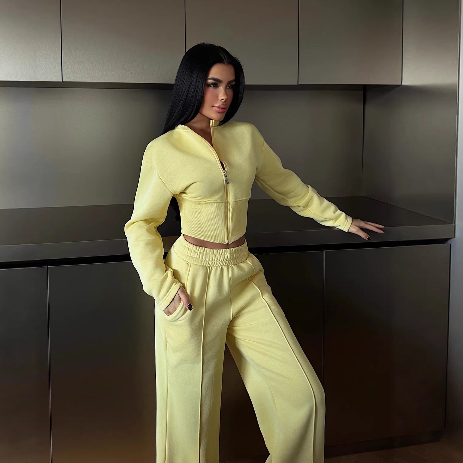Women's Zip-Up Cardigan and Tie-Waist Pants Two-Piece Set
