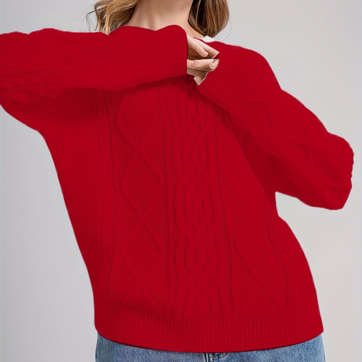 White Cable Knit Sweater Women's Long Sleeve Crewneck Geometric Pullover