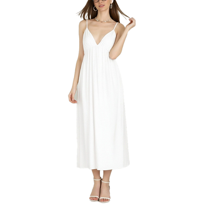 Women's Sleeveless V-Neck Open-Back Solid Color A-Line Midi Dress