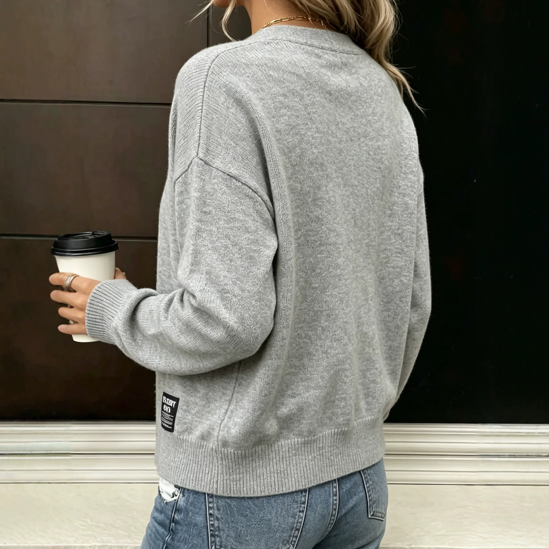 V-Neck Long-Sleeve Knit Cardigan Solid Color Relaxed Fit Button Front