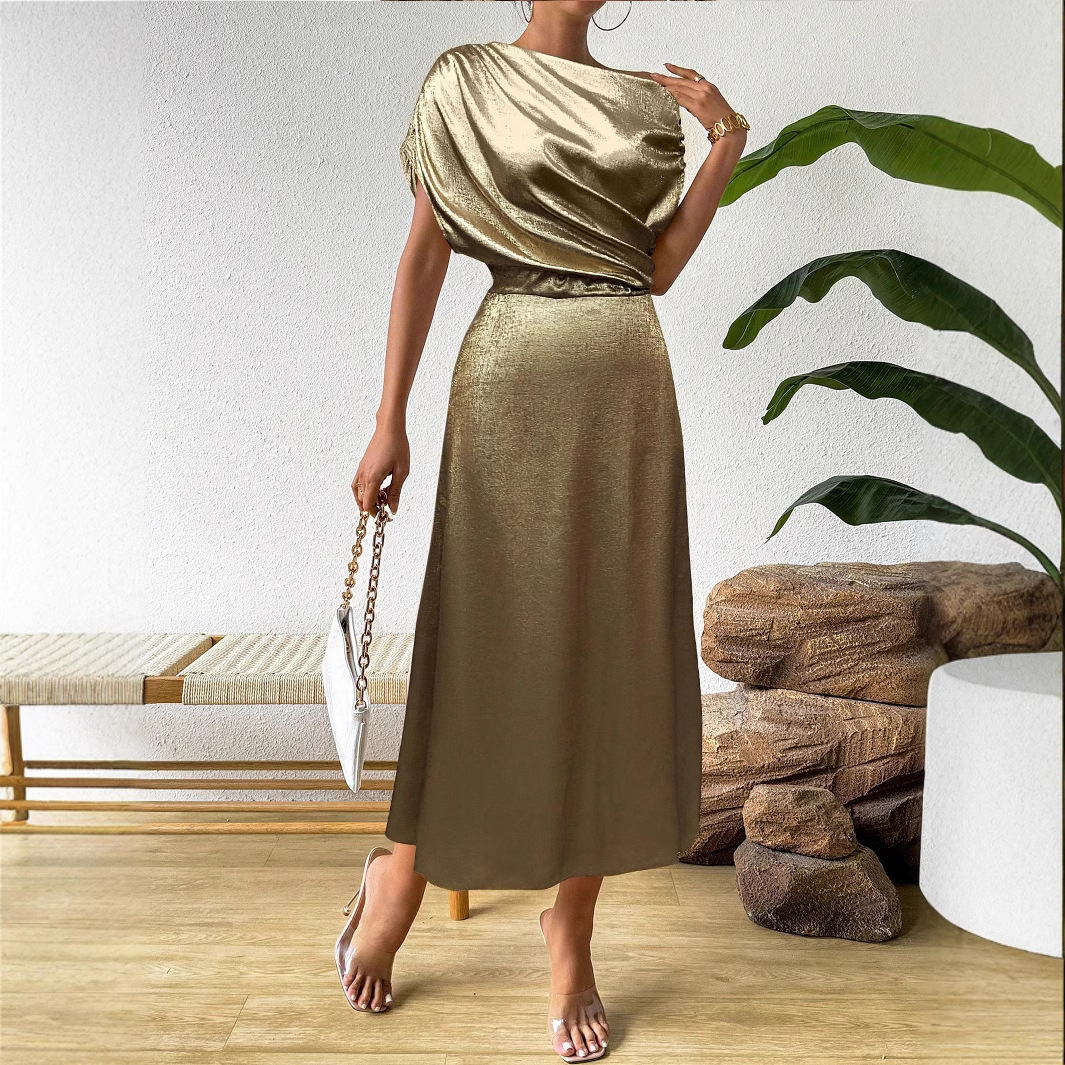 Solid Satin One-Shoulder A-Line Midi Dress