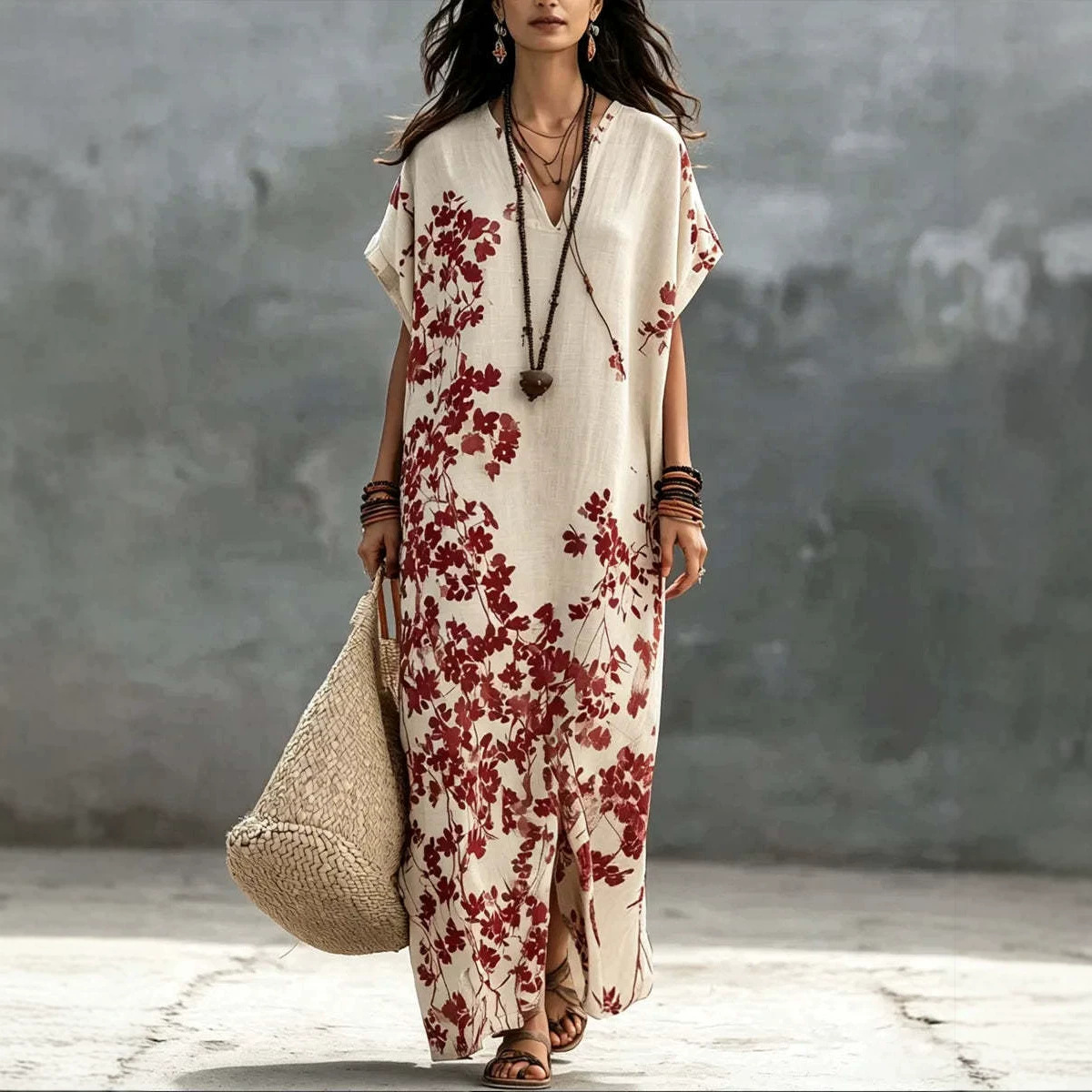 V-Neck Floral Print Short Sleeve Slit Maxi Dress