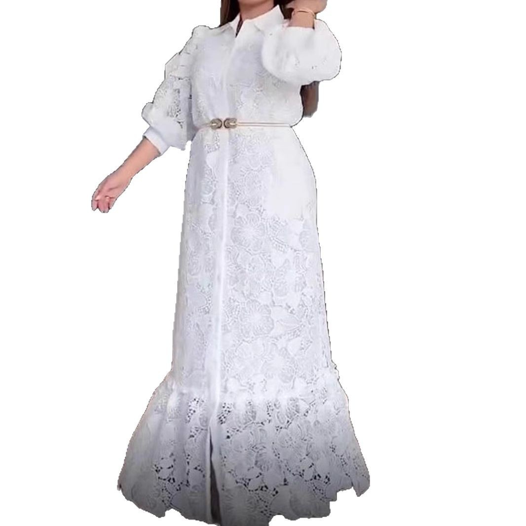 Elegant Long Sleeve Button Hollow Lace Cardigan Dress