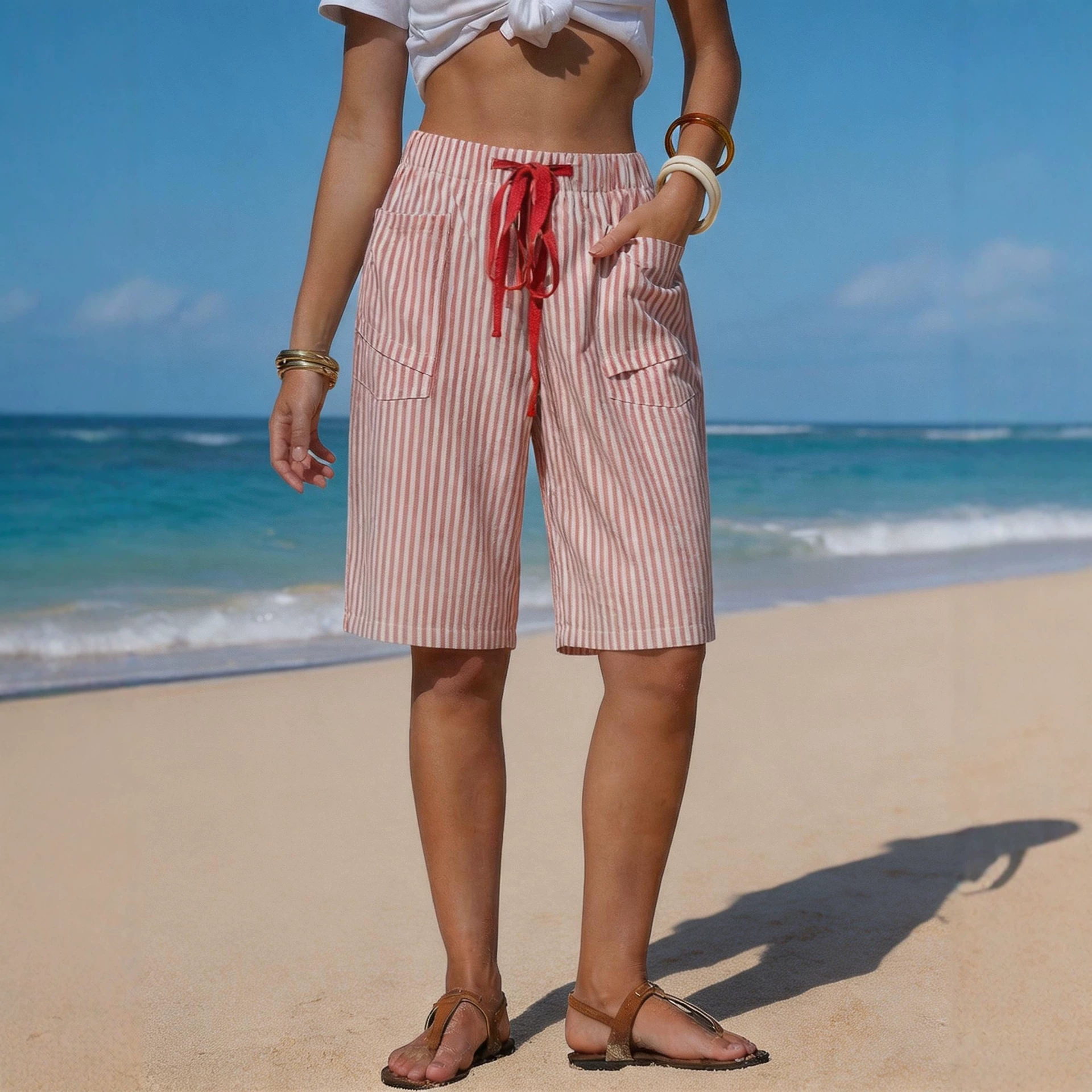 Faux Linen Striped Women's Casual Shorts with Belt and Pockets