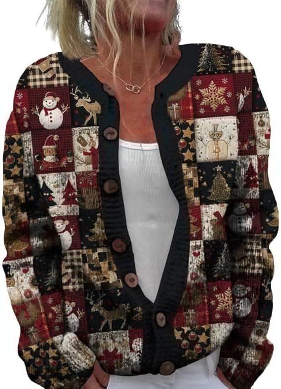 Women's Heart Print Button Cardigan Sweater