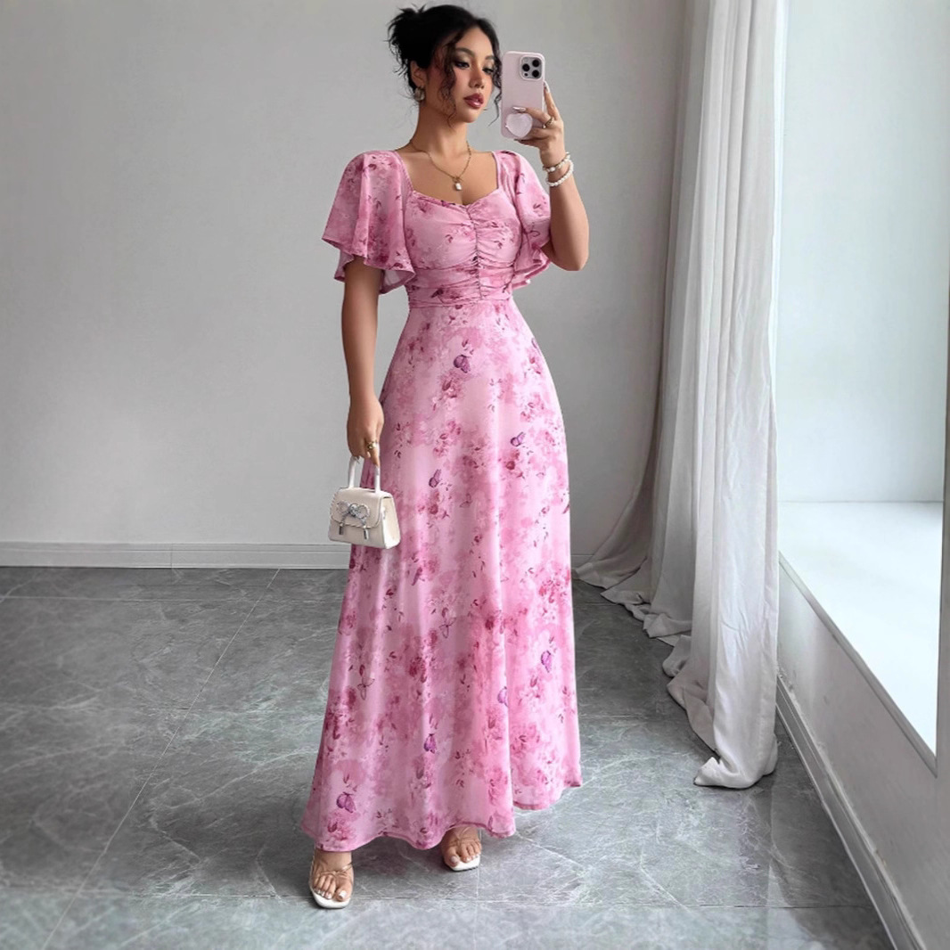 Floral Butterfly Print Ruffle Sleeve Slim Fit Midi Dress with Lining