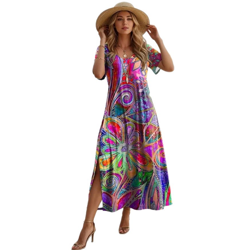 Women's Geometric Print Short Sleeve Midi Dress
