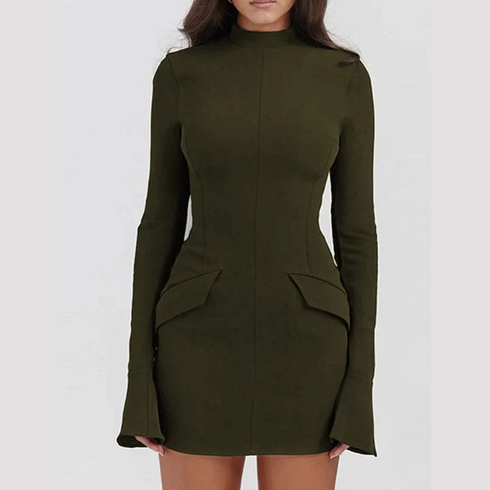 Women's Long Sleeve Bodycon Dress Round Neck Flare Sleeve Ruffle Detail