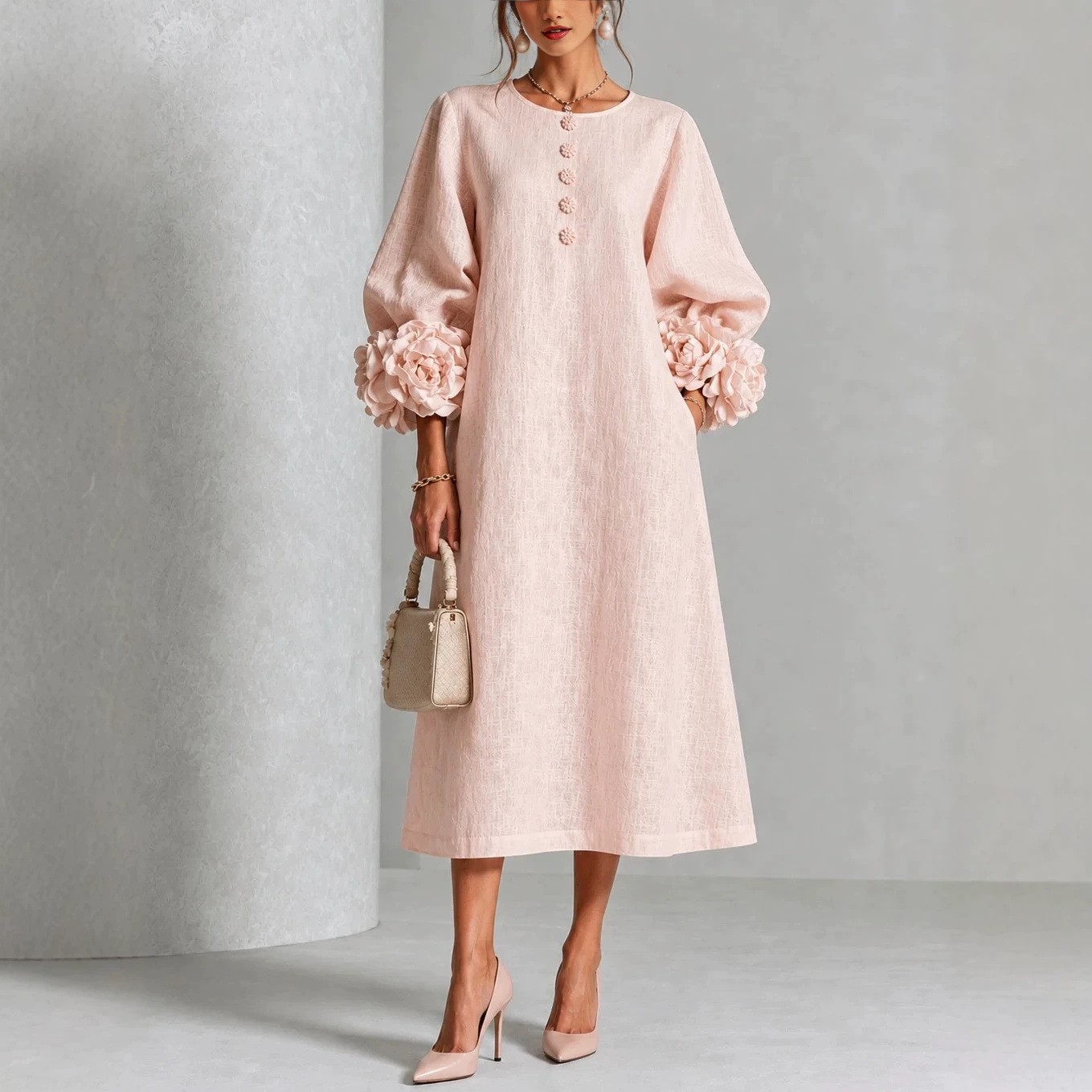 Women's French 3D Floral Lantern Sleeve A-Line Midi Dress