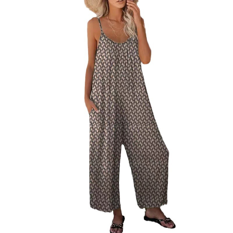 Women's Printed Sleeveless Wide-Leg Jumpsuit with Pockets