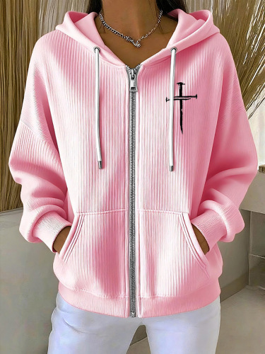 Women's Cross Print Ribbed Hoodie Long Sleeve Crew Neck Zip Up