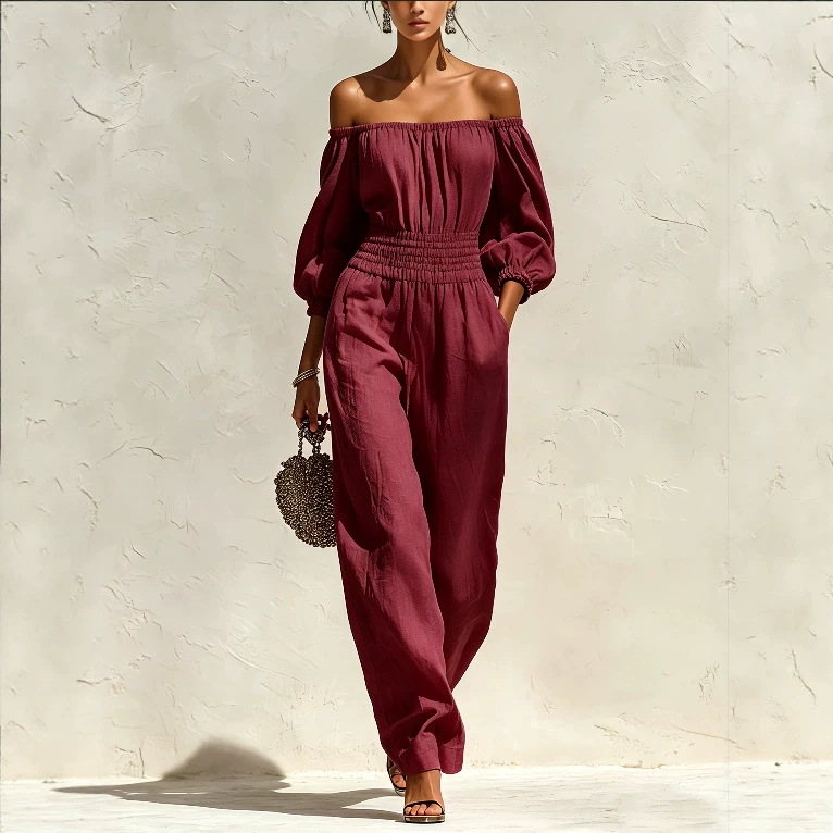 Women's Off-Shoulder Long Sleeve Wide Leg Jumpsuit with Elastic Waist