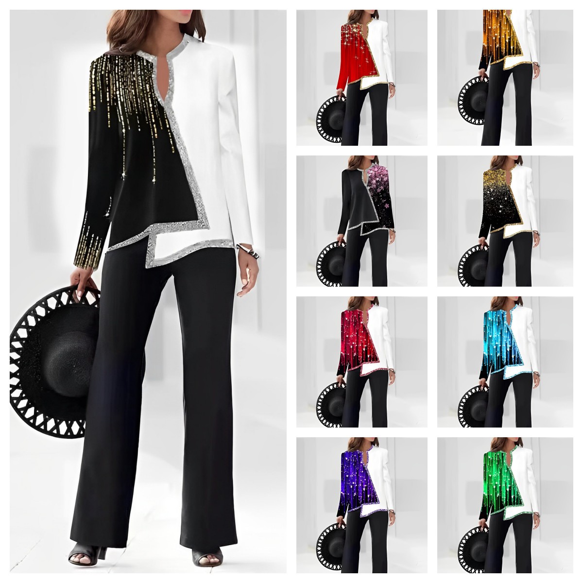 3D Digital Print V-Neck Asymmetric Shirt & Pants Set