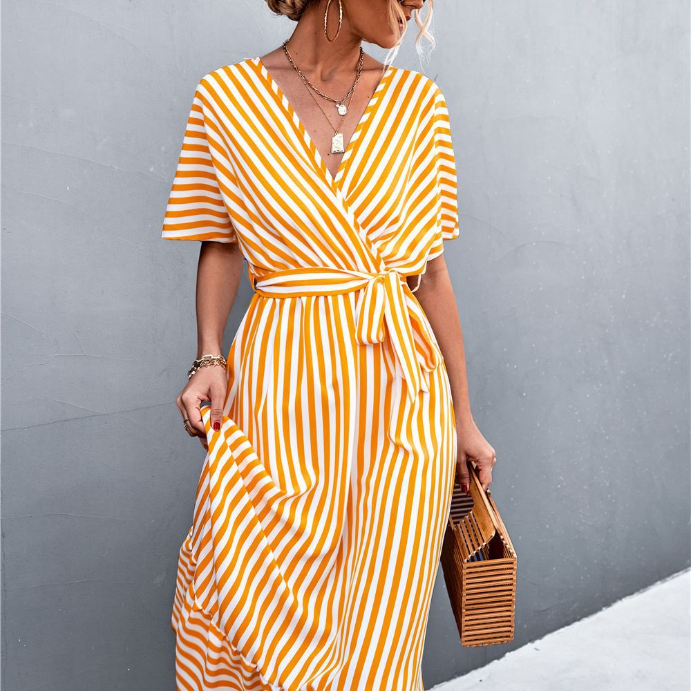 Cross V-Neck Tie Striped Midi Dress