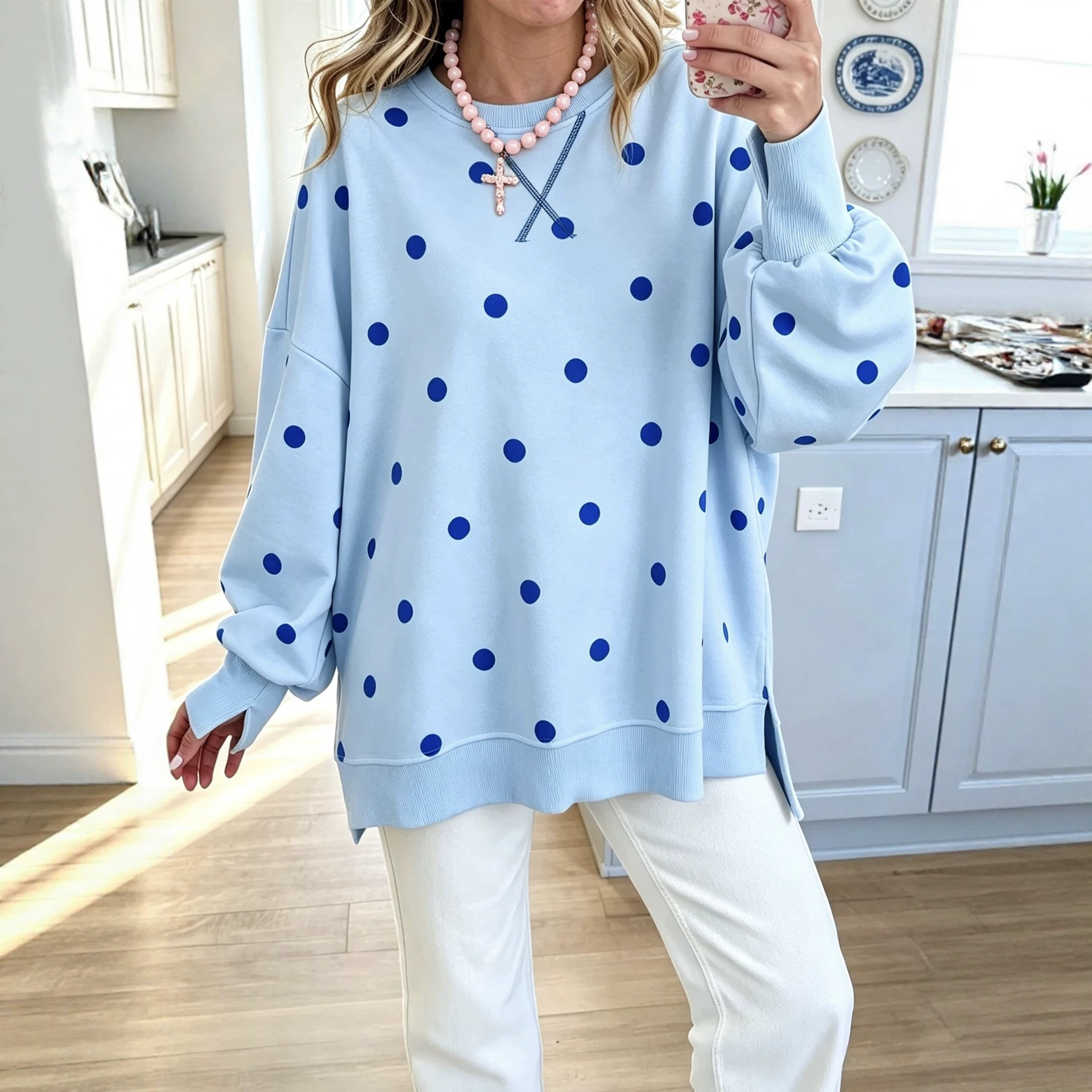 Polka Dot Print Long Sleeve Pullover Sweatshirt Loose Casual Shirt