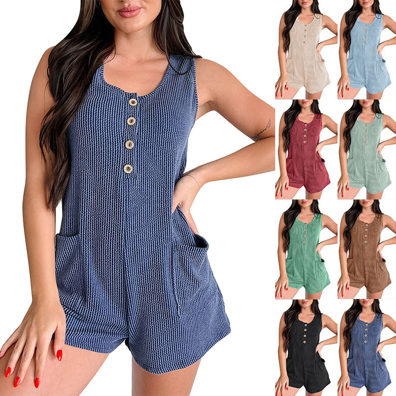 Women's Sleeveless Striped Colorblock Jumpsuit with Buttons