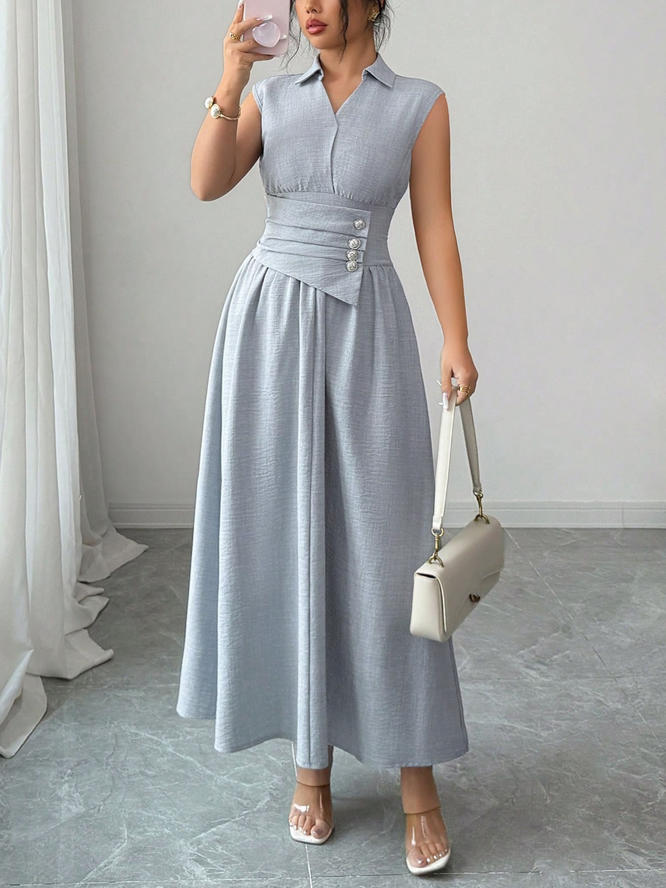 V-Neck Sleeveless Ruffle A-Line Midi Dress