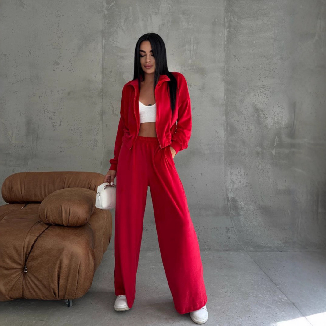 Women's Long Sleeve Zip-Up Collared Cardigan Sweatshirt and Pants Set