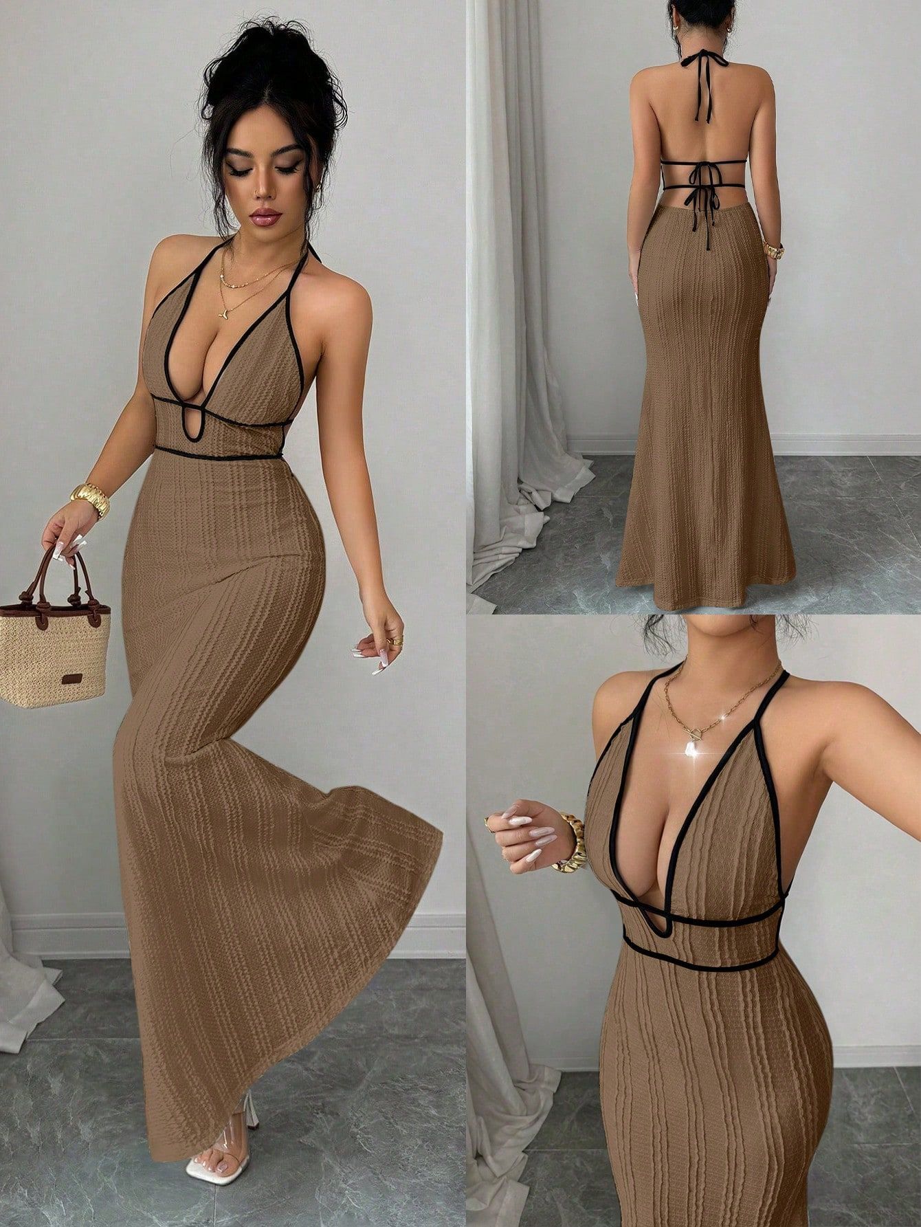 Color-Block Halter Open-Back Maxi Dress with Deep V Cutout and Lace-Up Mermaid Silhouette
