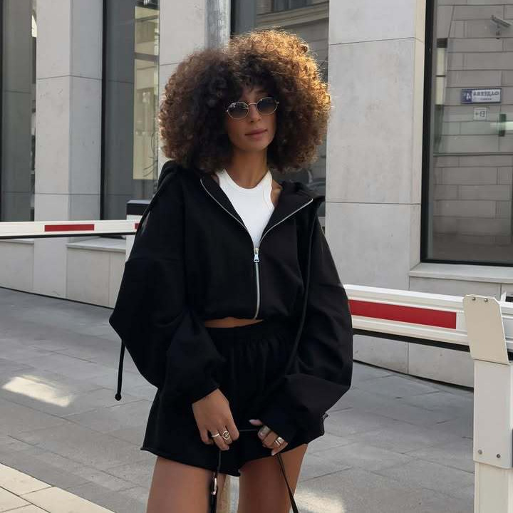Women's Solid Color Long Sleeve Hooded Drawstring Sweatshirt and Shorts Set