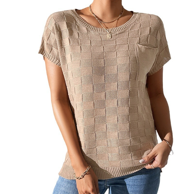Women's Loose Knit Short Sleeve T-Shirt Solid Color Crew Neck Casual Top
