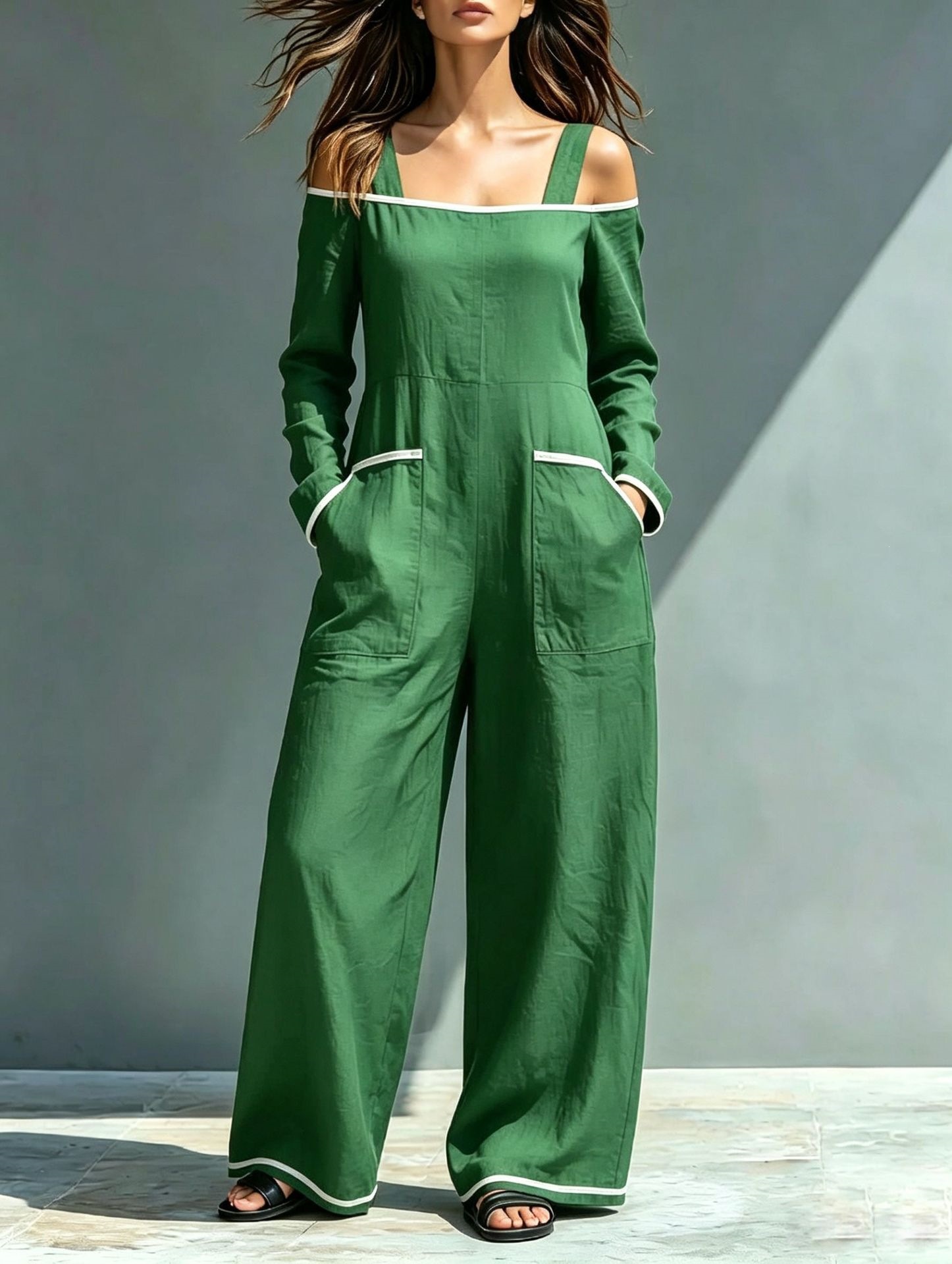 Off-Shoulder Colorblock Wide-Leg Jumpsuit with Pockets