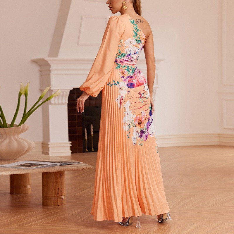 Floral Print Pleated High-Waist Asymmetric Neck Long Dress
