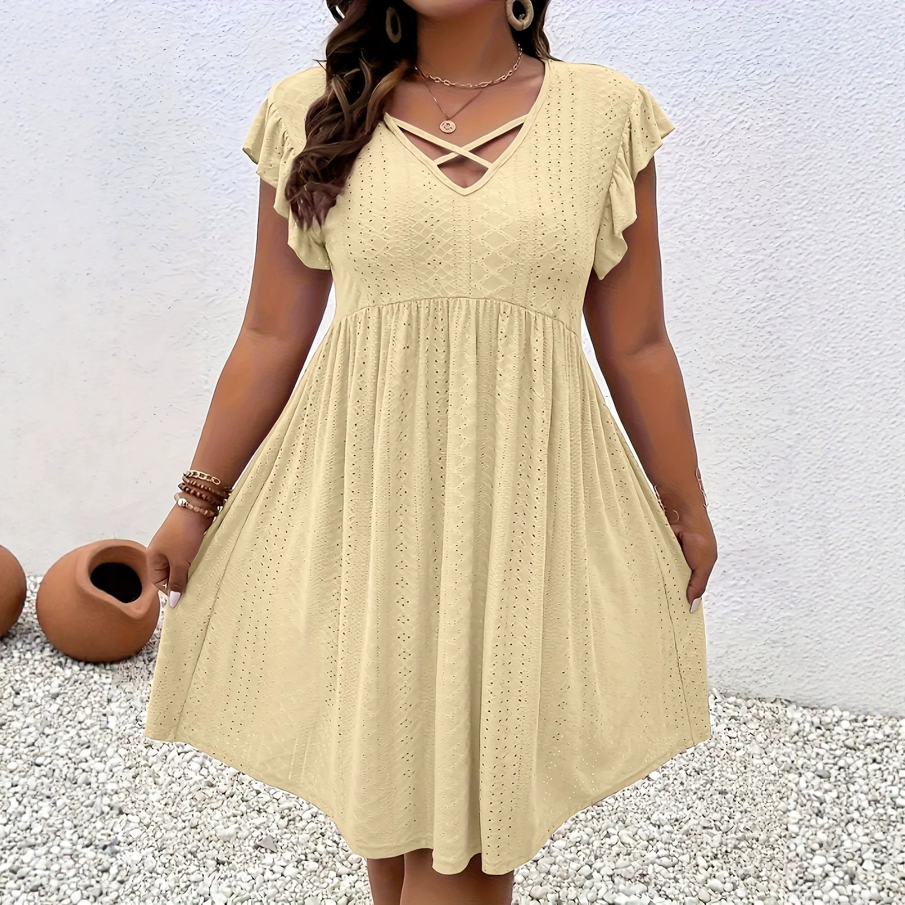 Women's Summer Hollow-Out Short Sleeve Cover-Up Mini Dress