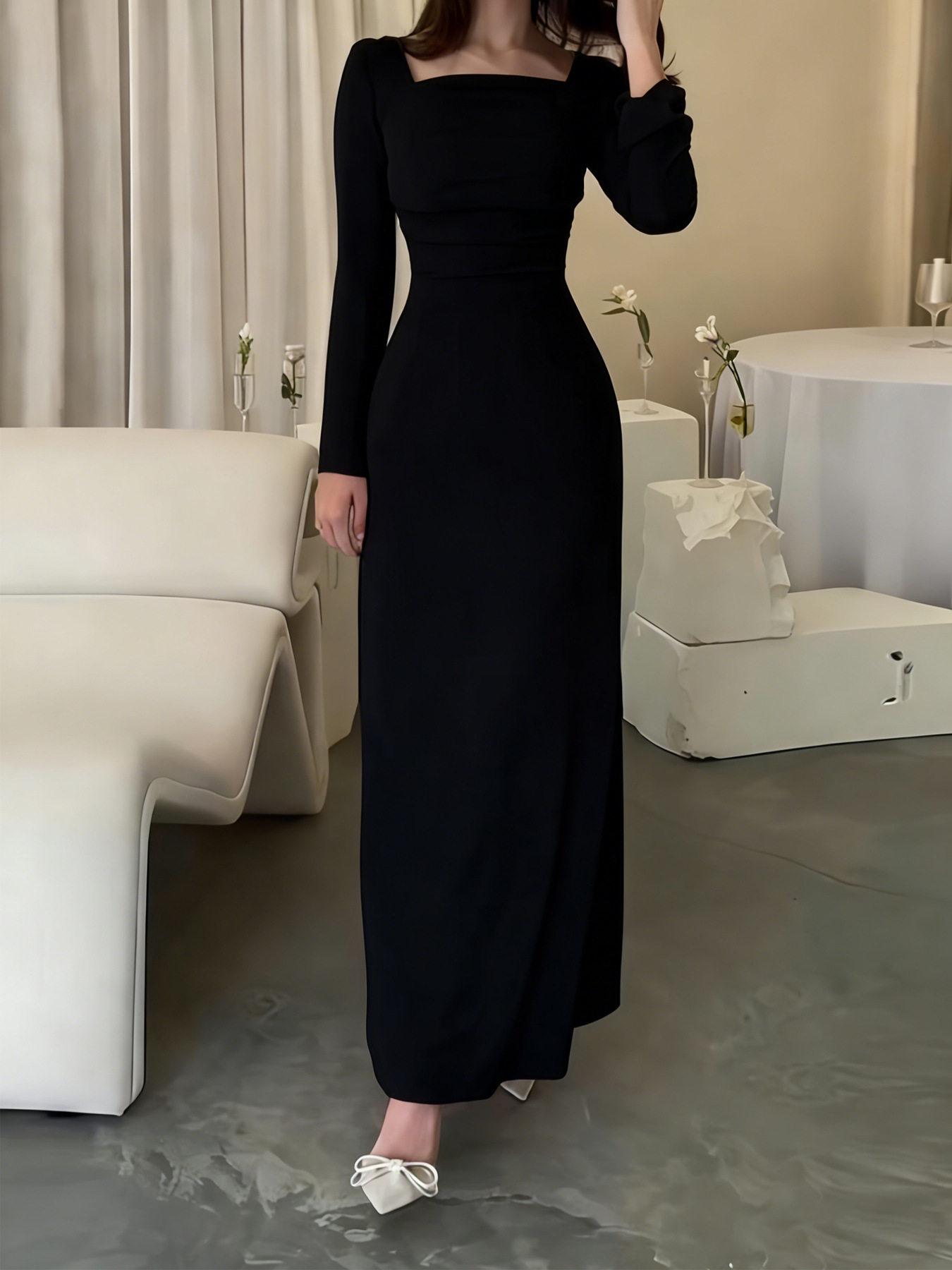 Women's Square Neck Long Sleeve Knit Dress Slim Fit Long Dress