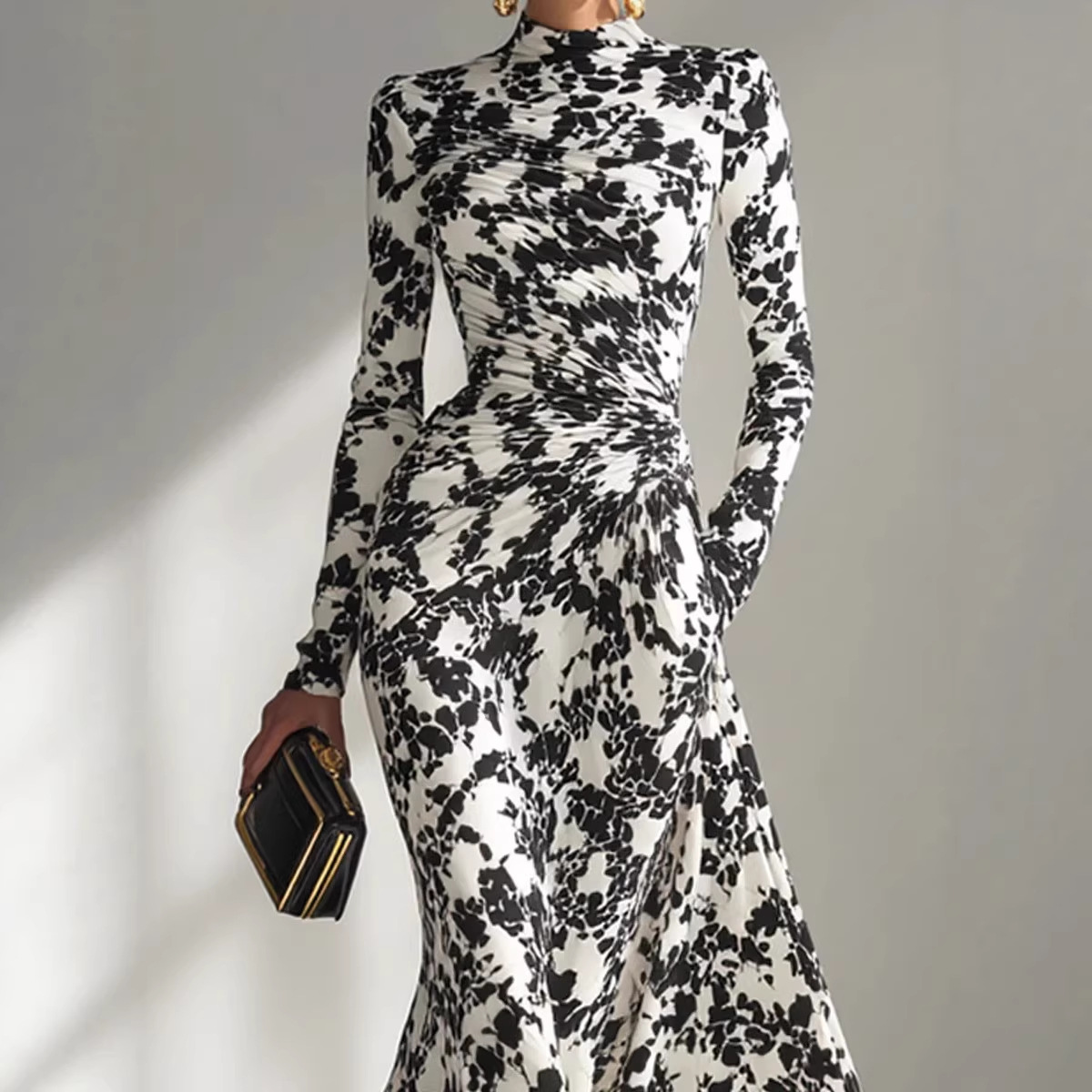 Women's Long Sleeve High Waist Pleated Maxi Dress