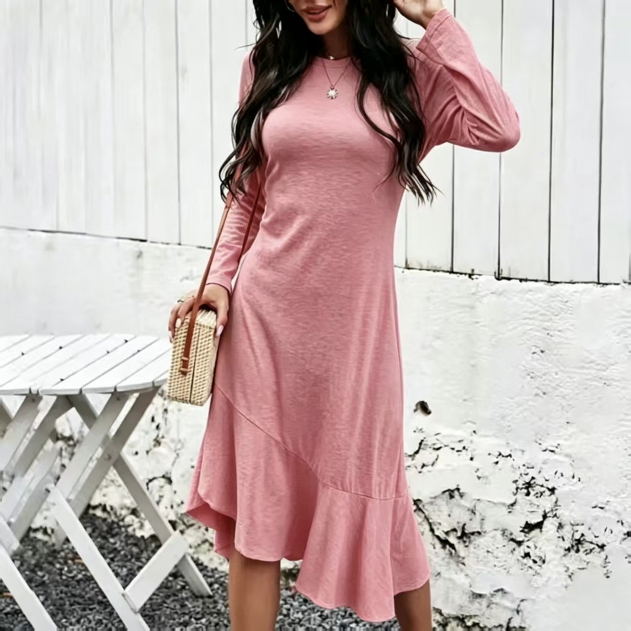 Women's Long Sleeve Round Neck Casual Split Spliced Asymmetrical Dress