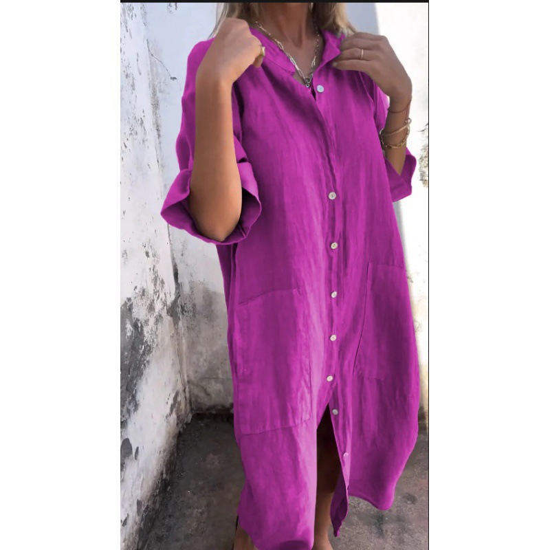 Women's Loose Linen-Look Midi Shirt Dress with Pockets