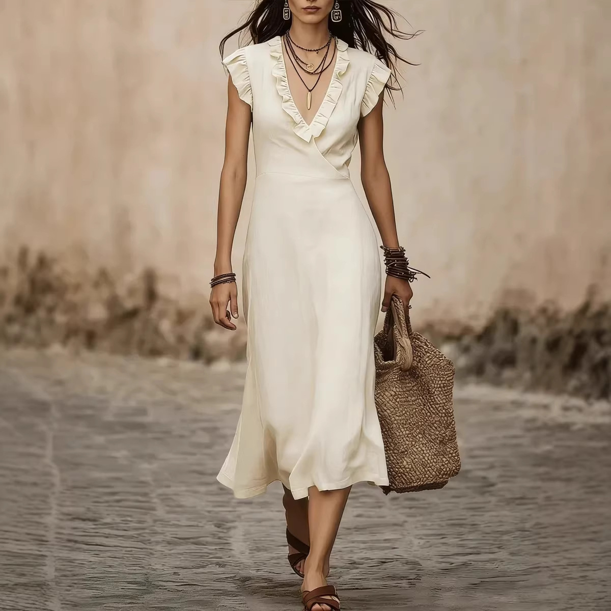 Women's French V-Neck Cotton-Linen Flutter Sleeve Ruffle Midi Dress