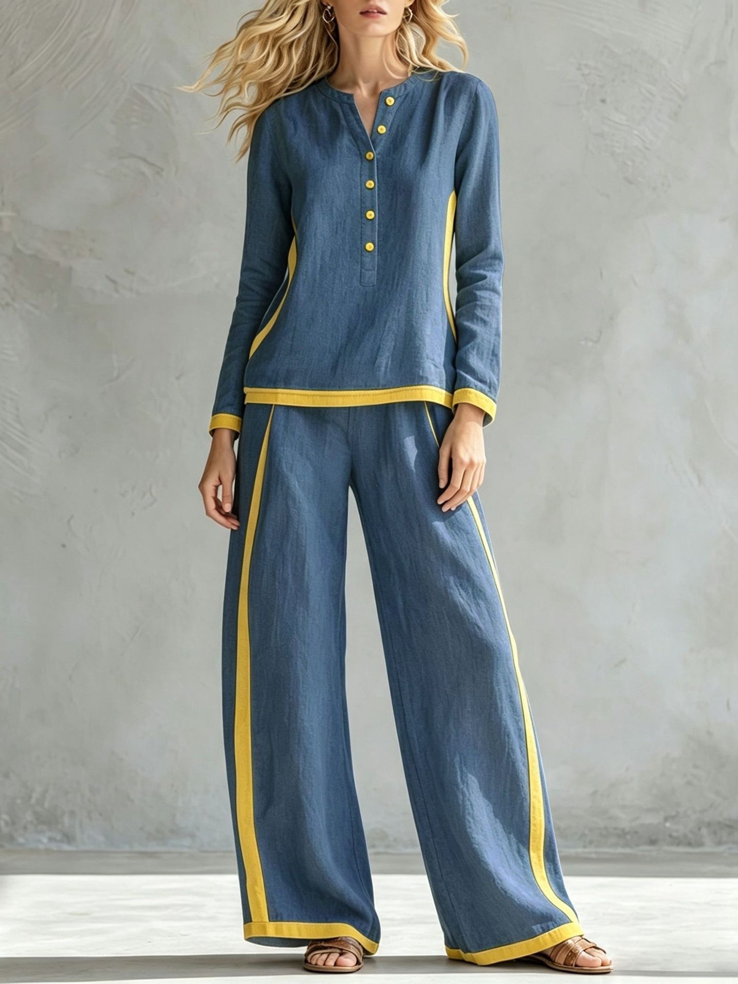 Women's Colorblock Buttoned Half Cardigan & Wide-Leg Pants Set