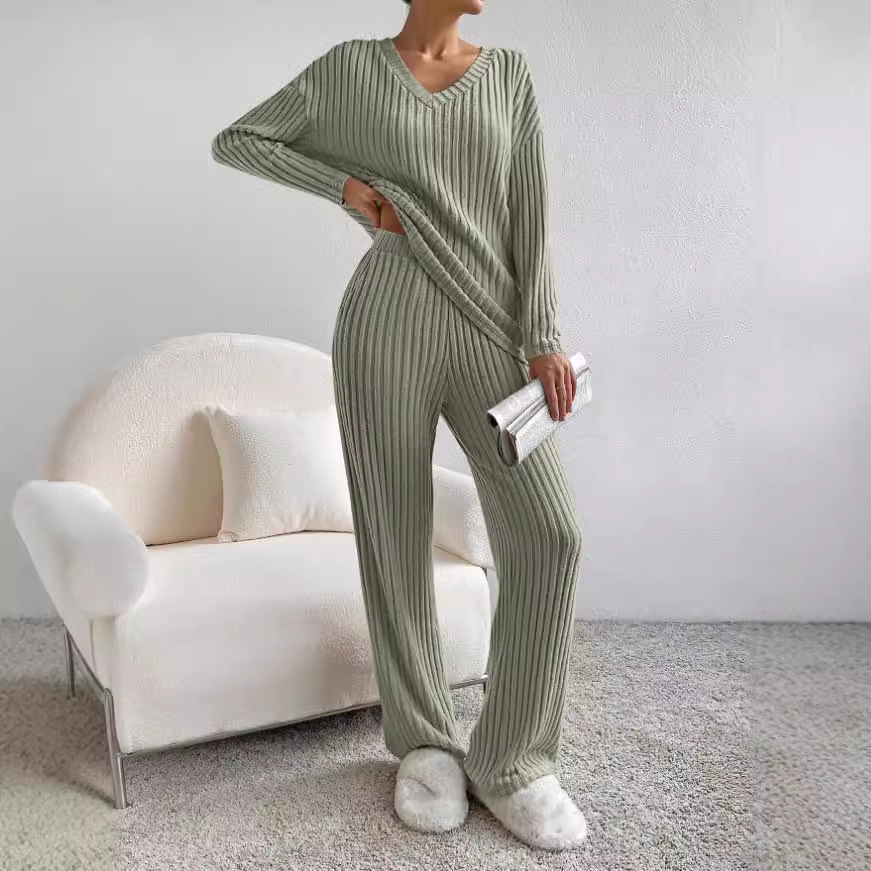 Women's Ribbed V-Neck Top and Straight-Leg Pants Two-Piece Set