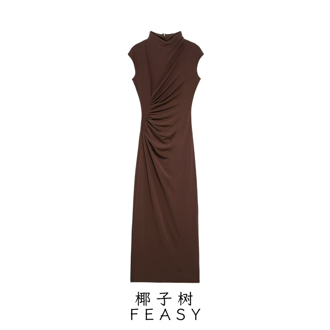 Women's Ruched Midi Dress with High Neck and Long Sleeves