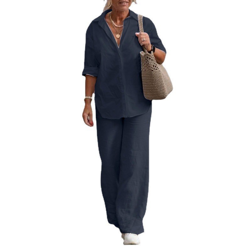 Women's Plus Size Two-Piece Lounge Set with Half-Sleeve Collared Shirt and Pants
