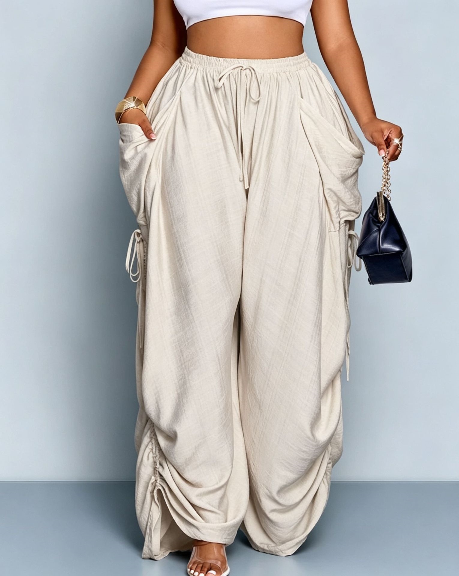 Women's High-Waist Harem Pants Cotton-Linen Drawstring Pockets Plus Size