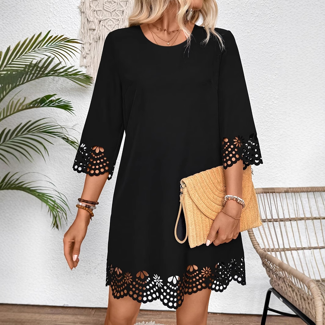Lace Trim Round Neck Long Sleeve A-Line Dress