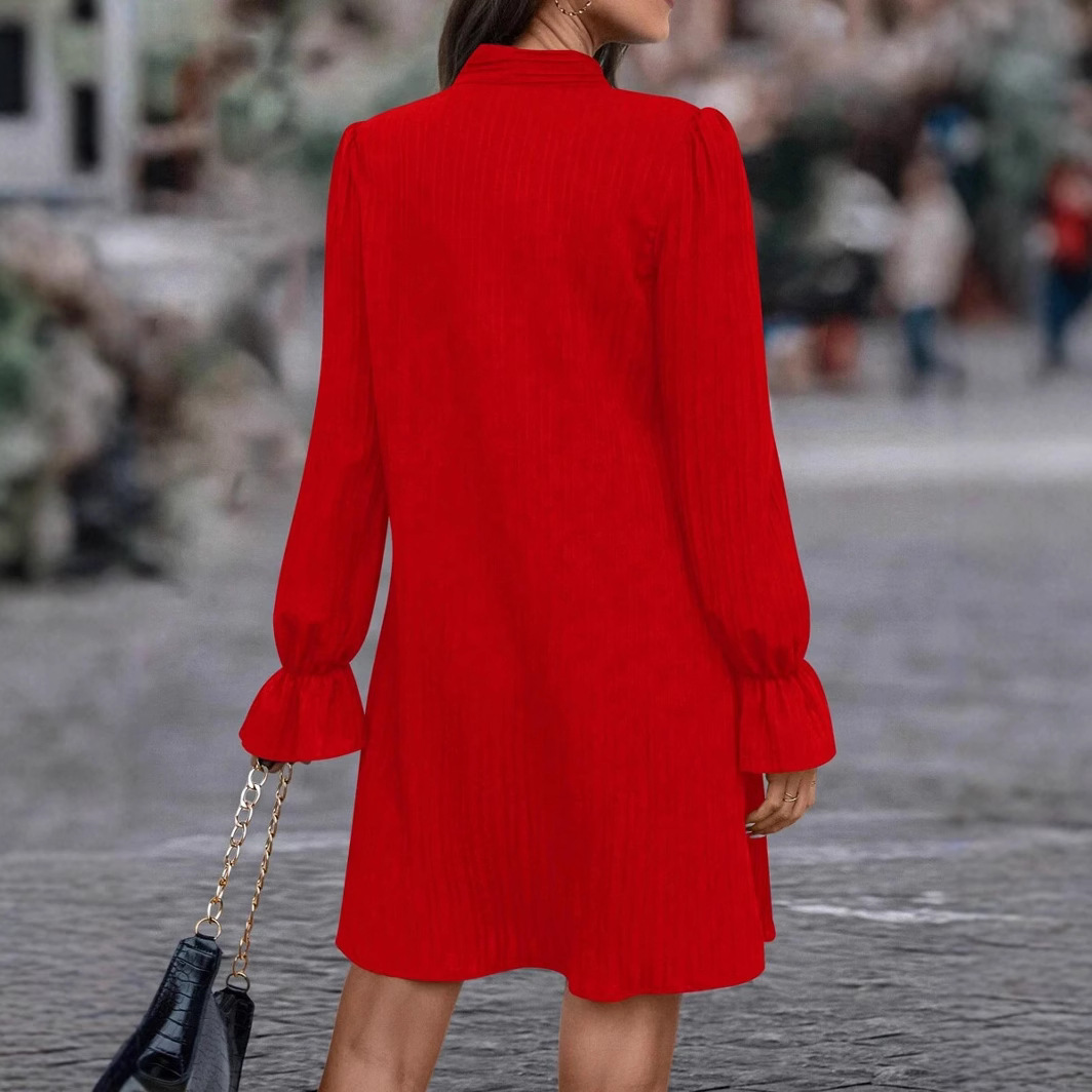 Women's Long Sleeve Solid Color Dress with Ribbon and Beaded Details