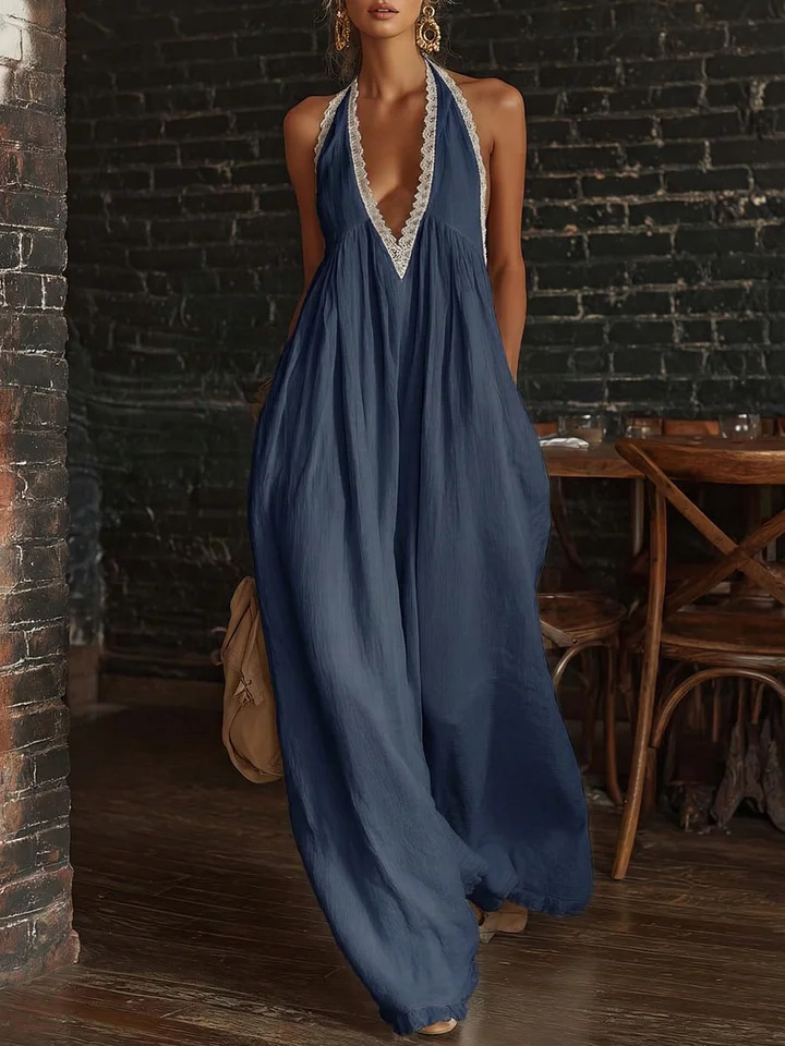 Women's Lace Trim Loose Linen Jumpsuit Casual Elegant