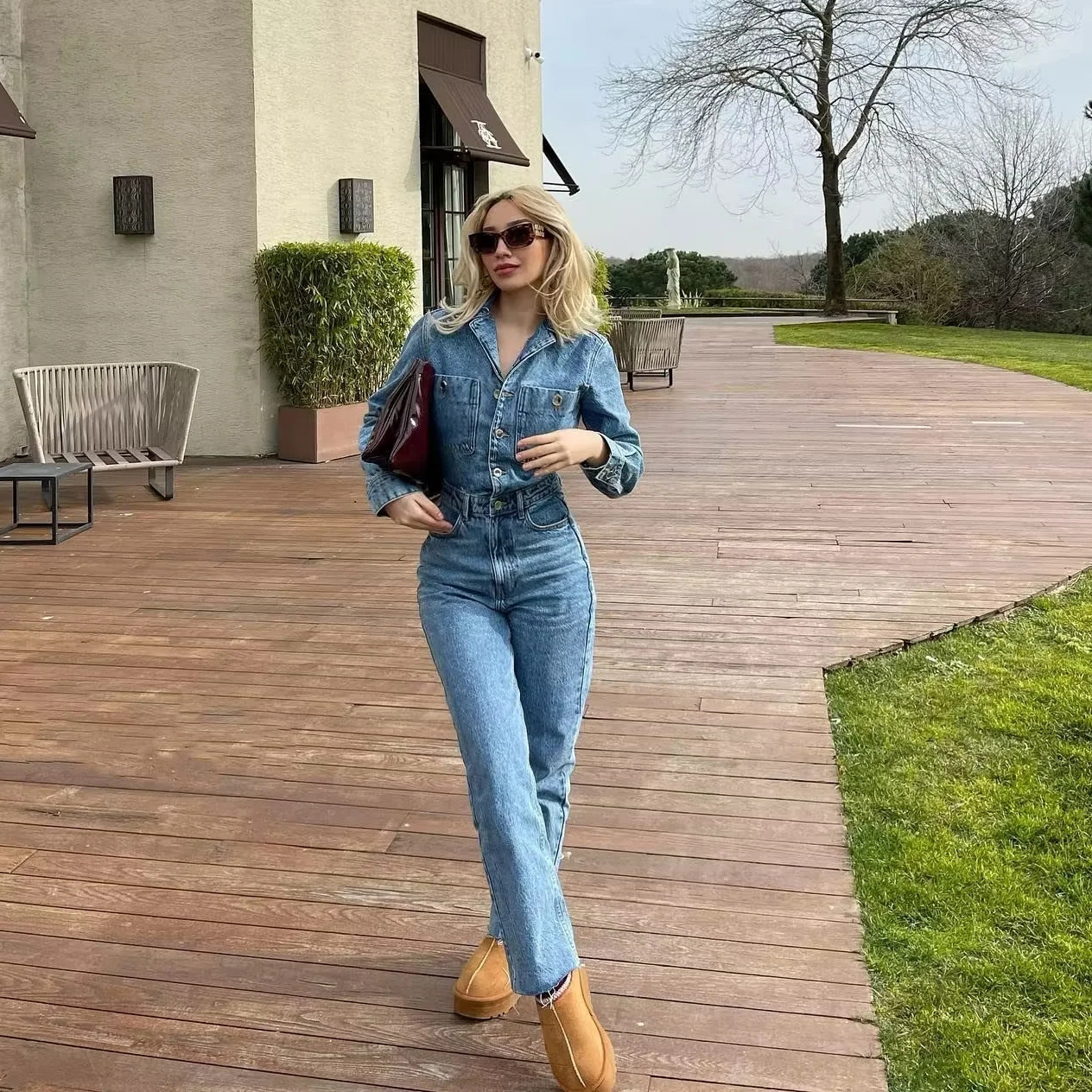 Women's Denim Jumpsuit with Blazer Collar and Waist Belt