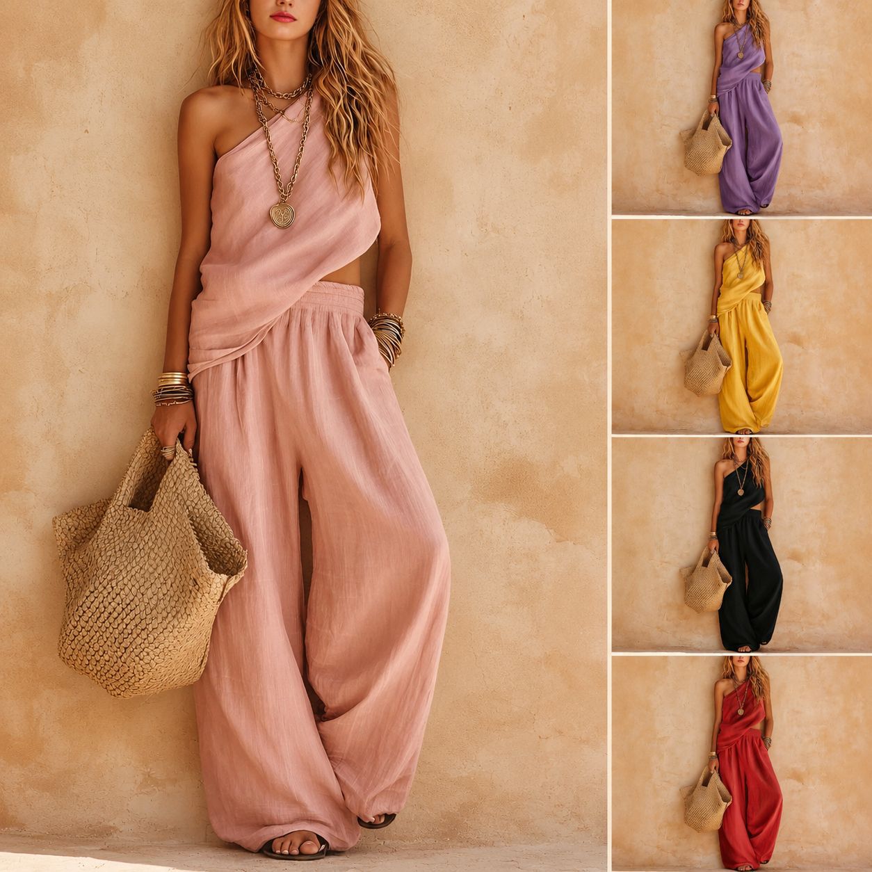 Women's One-Shoulder Cotton-Linen Wide-Leg Two-Piece Set