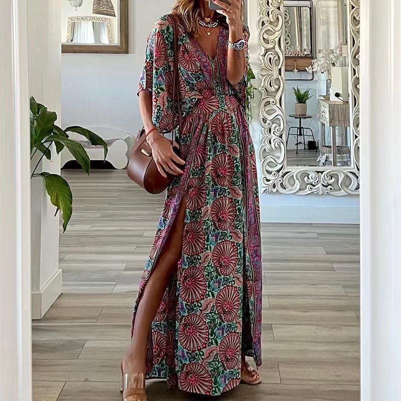 Bohemian Floral Print V-Neck Short Sleeve Side Slit Maxi Dress